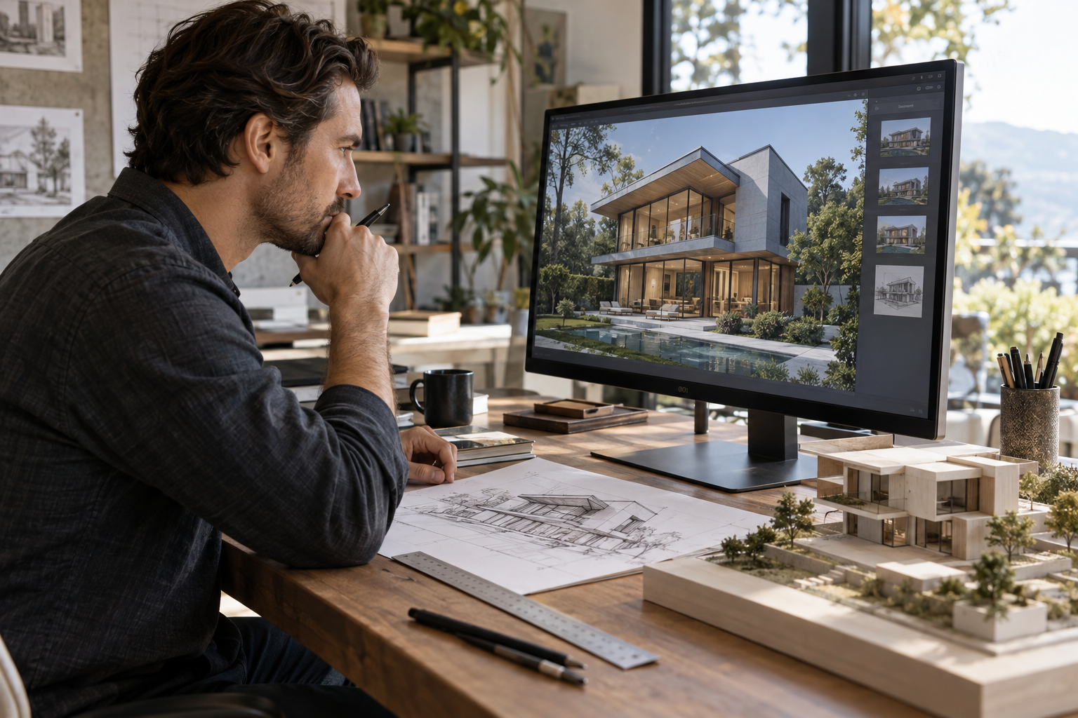 Mimarın üç boyutlu ev modelini eskiz ve fiziksel maketle karşılaştırması