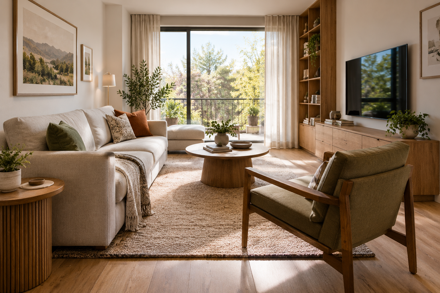 Gün ışığı, doğal malzemeler ve rahat dolaşım sunan modern salon
